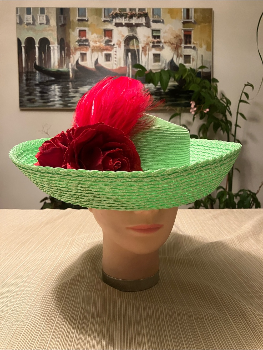 Chic Green Straw Hat with Red Velvet Flowers and Feather